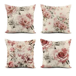 4PCS Modern Flower Printed Linen Pillow Covers Set Home Decoration