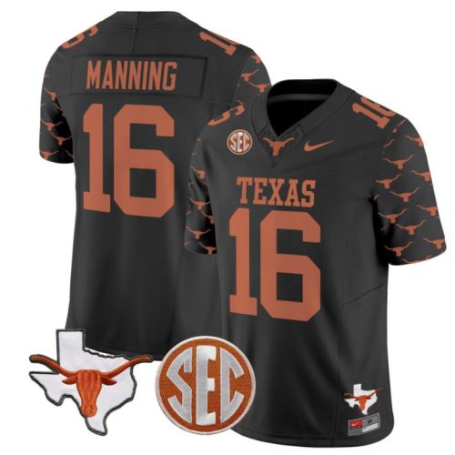 Arch Manning Jersey #16 Texas Longhorns State Map and Sec Patch Vapor Football Black Stitched W4T32GXV