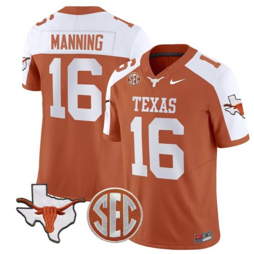 Arch Manning Jersey #16 Texas Longhorns State Map and Sec Patch Vapor Football Orange Alternate QOAZBGXV