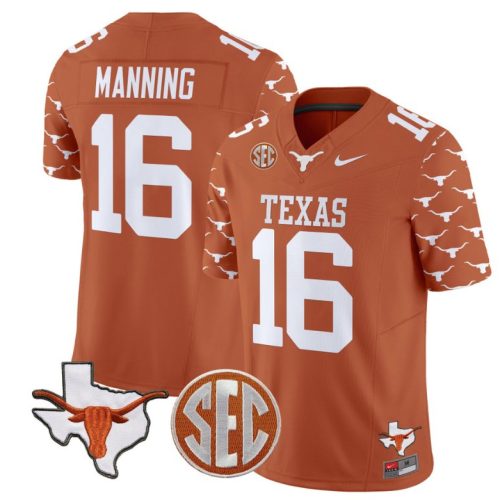 Arch Manning Jersey #16 Texas Longhorns State Map and Sec Patch Vapor Football Orange Stitched IHZ8LGXV