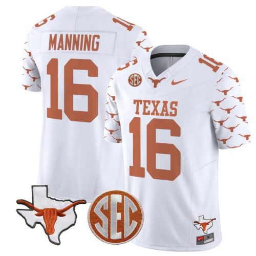 Arch Manning Jersey #16 Texas Longhorns State Map and Sec Patch Vapor Football White Stitched NH1TVGXV