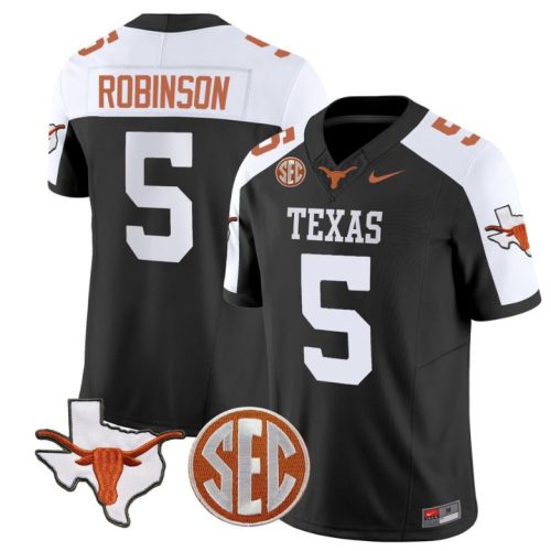 Bijan Robinson Jersey #5 Texas Longhorns State Map and Sec Patch Vapor Football Black Alternate RBUHAGXV