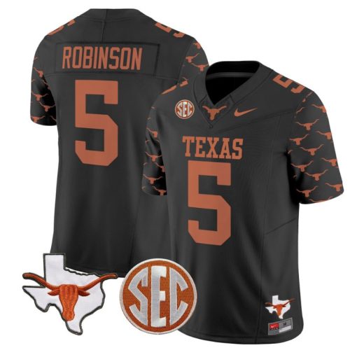 Bijan Robinson Jersey #5 Texas Longhorns State Map and Sec Patch Vapor Football Black Stitched 2AOPKGXV