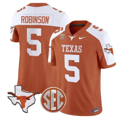 Bijan Robinson Jersey #5 Texas Longhorns State Map and Sec Patch Vapor Football Orange Alternate VNDFYGXV