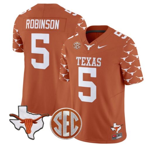 Bijan Robinson Jersey #5 Texas Longhorns State Map and Sec Patch Vapor Football Orange Stitched VXV6NGXV