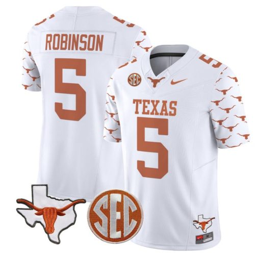 Bijan Robinson Jersey #5 Texas Longhorns State Map and Sec Patch Vapor Football White Stitched Q0MB7GXV