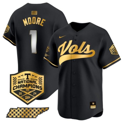 Christian Moore Jersey #1 Tennessee Volunteers Baseball Champions Vapor Premier Black Gold LCHOZGXV
