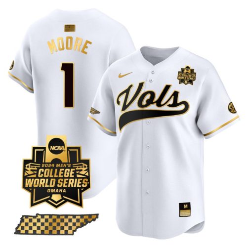 Christian Moore Jersey #1 Tennessee Volunteers College World Series College Baseball White Gold BGHBCGXV