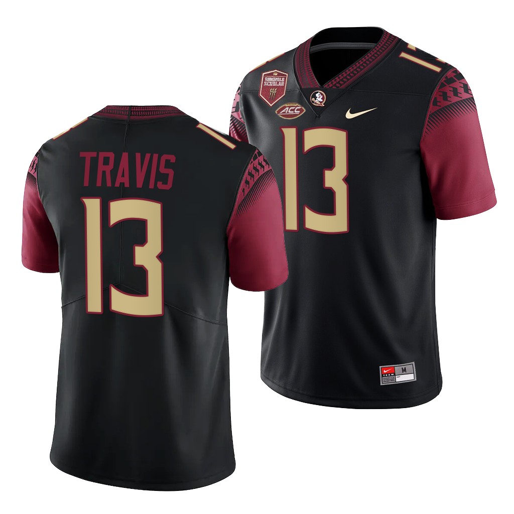 Florida State Seminoles #13 Jordan Travis Seminole Scholar patch Black Game Jersey CVOYLGXV