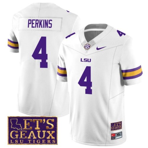 Lsu Tigers Harold Perkins Jersey #4 College Football Let's Geaux Patch Stitched White HTG9ZGXV