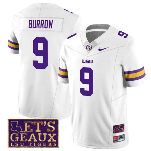 Lsu Tigers Joe Burrow Jersey #9 College Football Let's Geaux Patch Stitched White 67RIEGXV