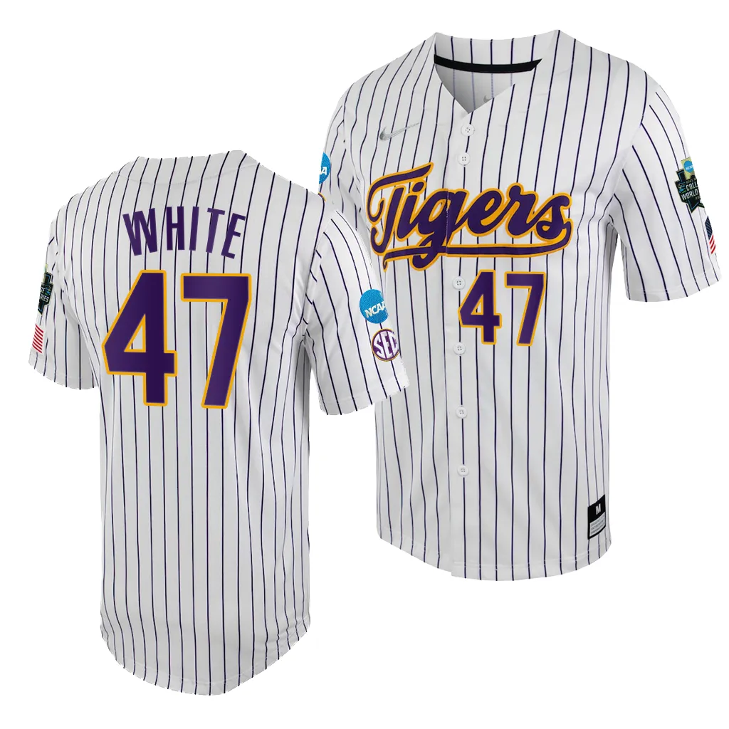 LSU Tigers Tommy White College World Series White Purple #47 Jersey RYERGGXV