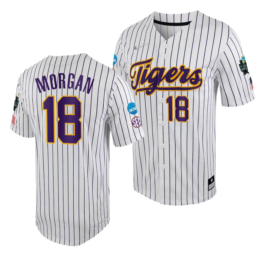 LSU Tigers Tre' Morgan College World Series White Purple #18 Jersey L0NMBGXV