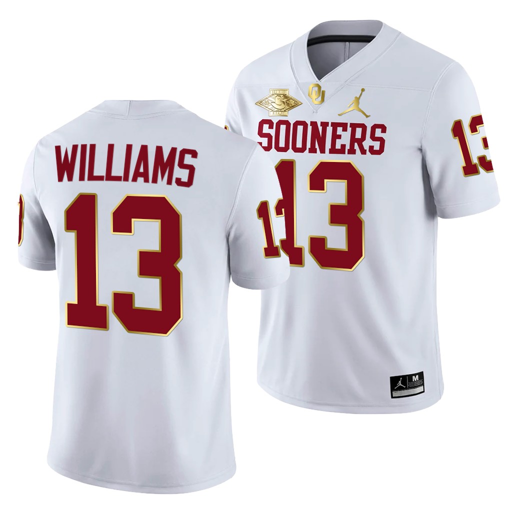 Oklahoma Sooners Caleb Williams 13 White Red River Showdown Golden Patch Jersey Men SI0MSGXV