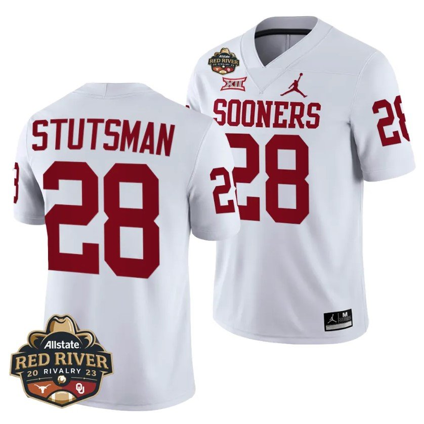 Oklahoma Sooners Danny Stutsman Jersey #28 Allstate Red River Rivalry White Football KIMLCGXV