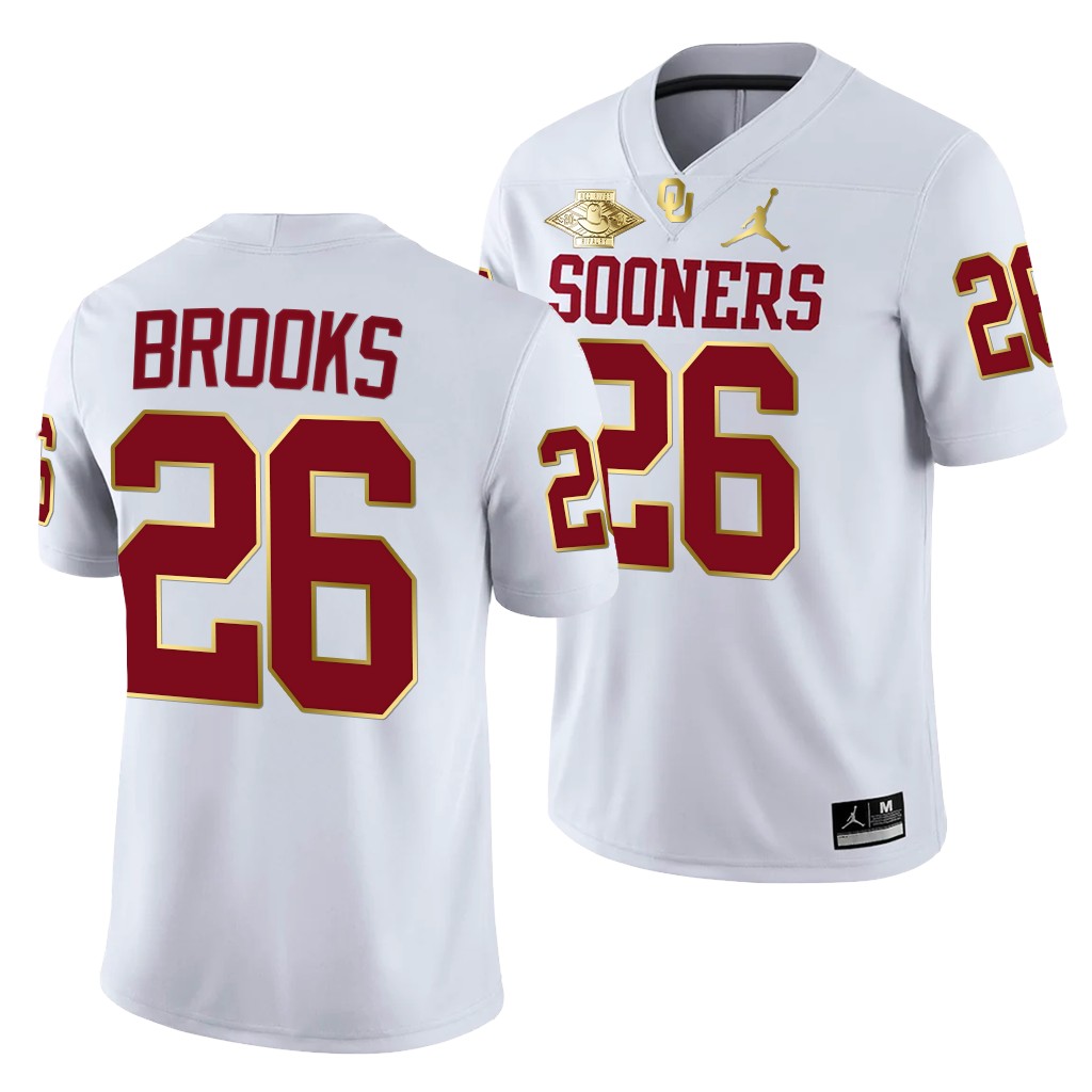 Oklahoma Sooners Kennedy Brooks 26 White Red River Showdown Golden Patch Jersey Men QITDOGXV