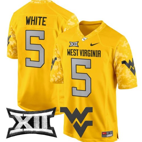 Pat White Jersey #5 West Virginia Mountaineers Game Football Gold DDMCSGXV
