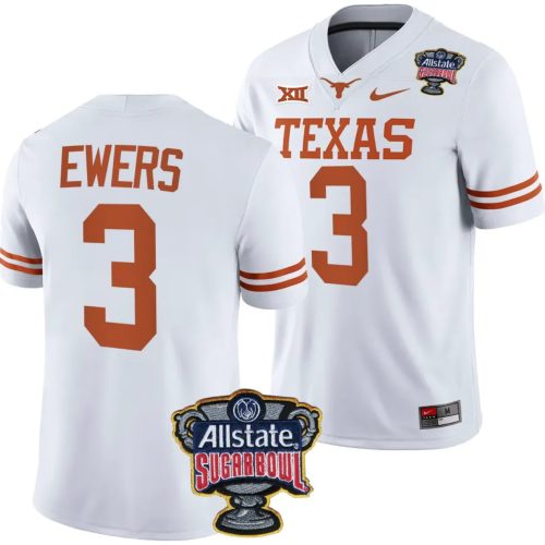 Quinn Ewers Brooks Jersey #3 Texas Longhorns Allstate Sugar Bowl Patch College Football White GXERZGXV