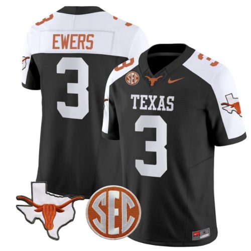 Quinn Ewers Jersey #3 Texas Longhorns State Map and Sec Patch Vapor College Football Black Alternate IPFR0GXV