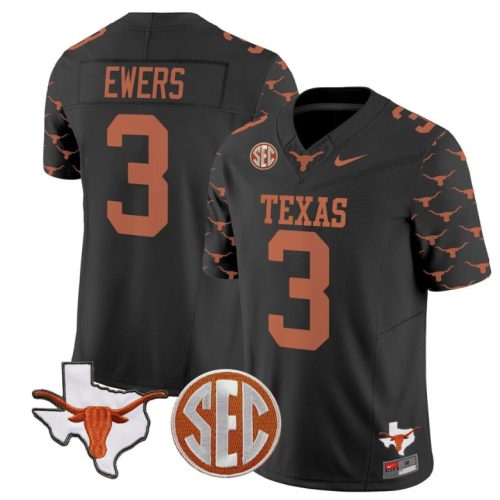 Quinn Ewers Jersey #3 Texas Longhorns State Map and Sec Patch Vapor College Football Black Stitched IVC7MGXV