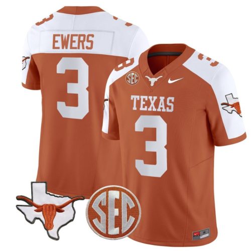 Quinn Ewers Jersey #3 Texas Longhorns State Map and Sec Patch Vapor Football Orange Alternate DWUVOGXV