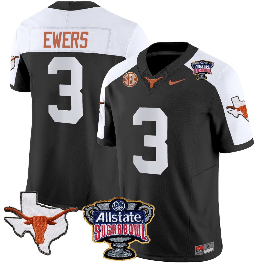 Quinn Ewers Jersey #3 Texas Longhorns Sugar Bowl Patch Vapor Football Black Alternate MJ7OVGXV