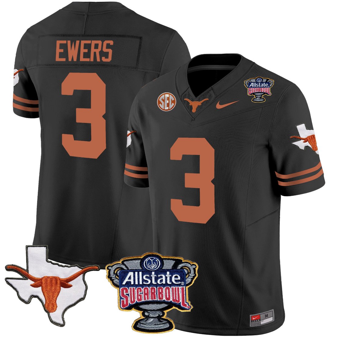 Quinn Ewers Jersey #3 Texas Longhorns Sugar Bowl Patch Vapor Football Black KBEGSGXV