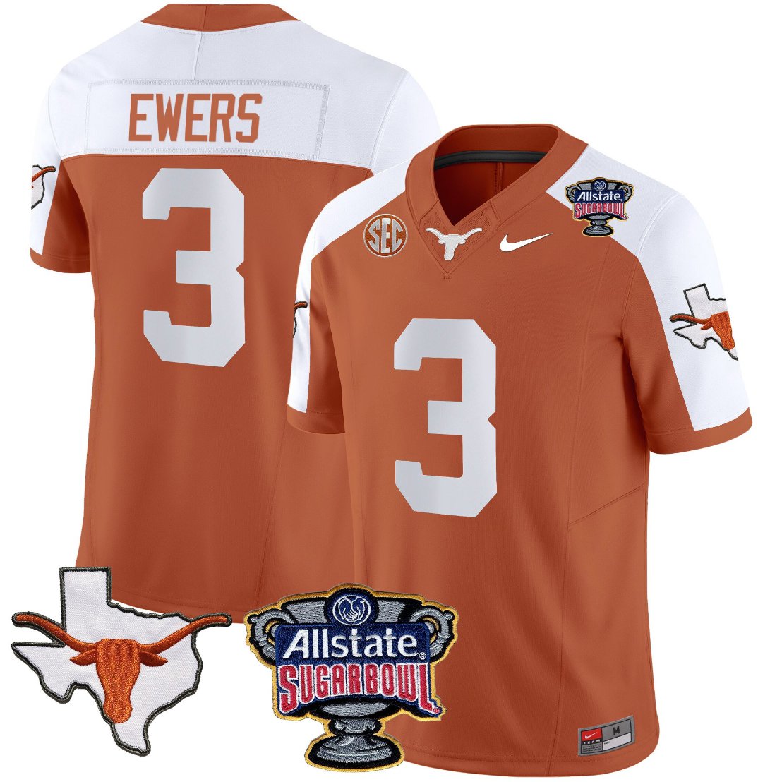 Quinn Ewers Jersey #3 Texas Longhorns Sugar Bowl Patch Vapor Football Orange Alternate WUKBCGXV