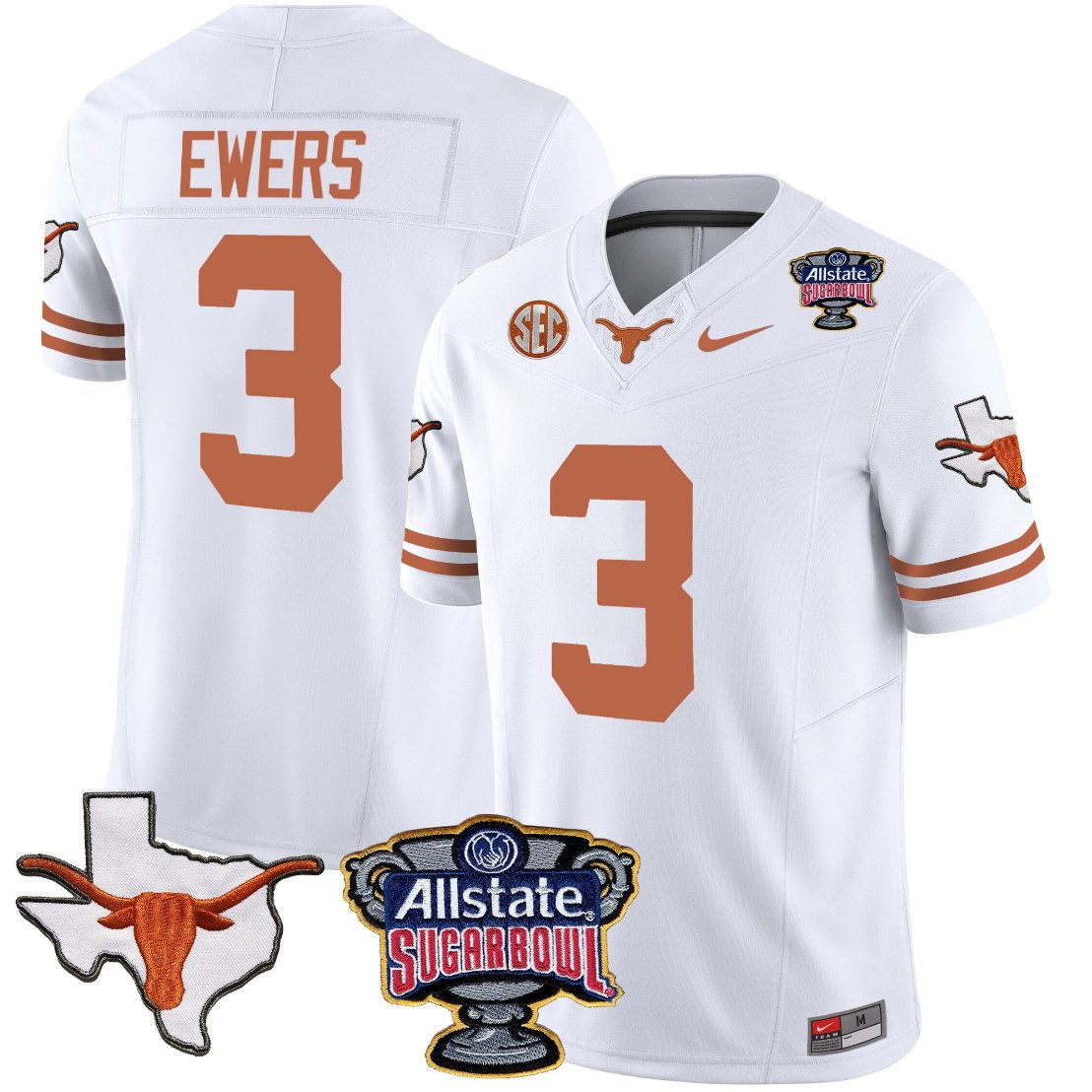 Quinn Ewers Jersey #3 Texas Longhorns Sugar Bowl Patch Vapor Football White LCMLRGXV