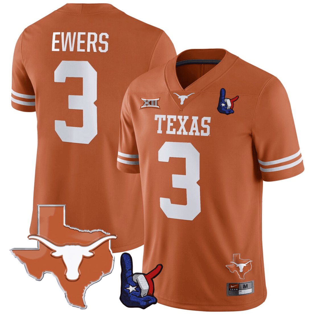 Quinn Ewers Jersey #3 Texas Longhorns Texas State Map and Throwing Up The H Patch Football Orange K92NAGXV