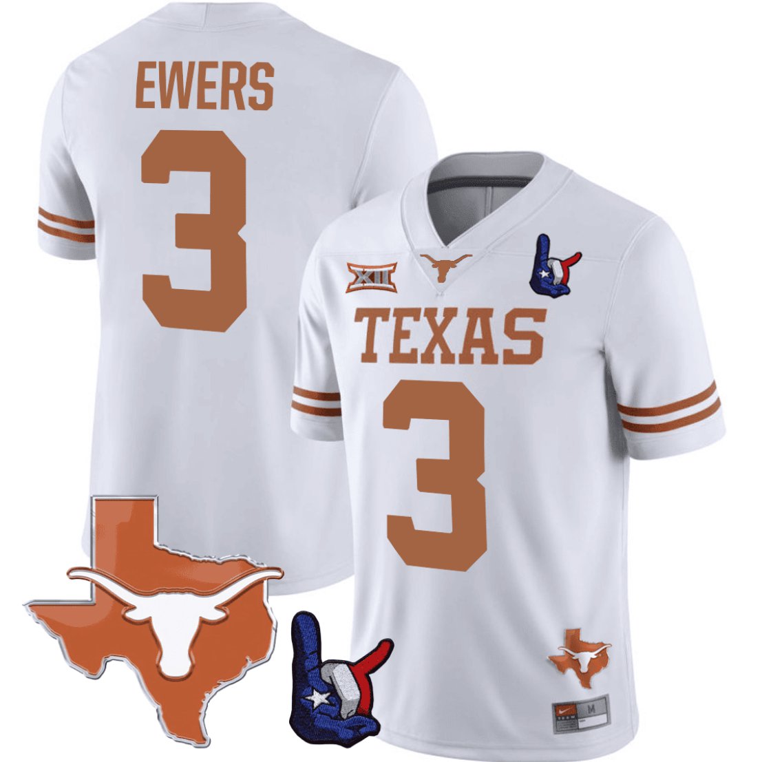Quinn Ewers Jersey #3 Texas Longhorns Texas State Map and Throwing Up The H Patch Football White SRRG2GXV