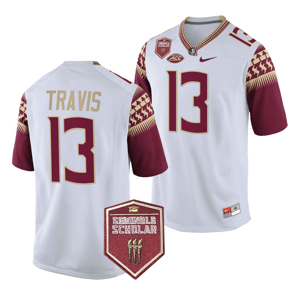 Seminole Scholar patch Jordan Travis Florida State Seminoles #13 White Game Jersey UKPT7GXV