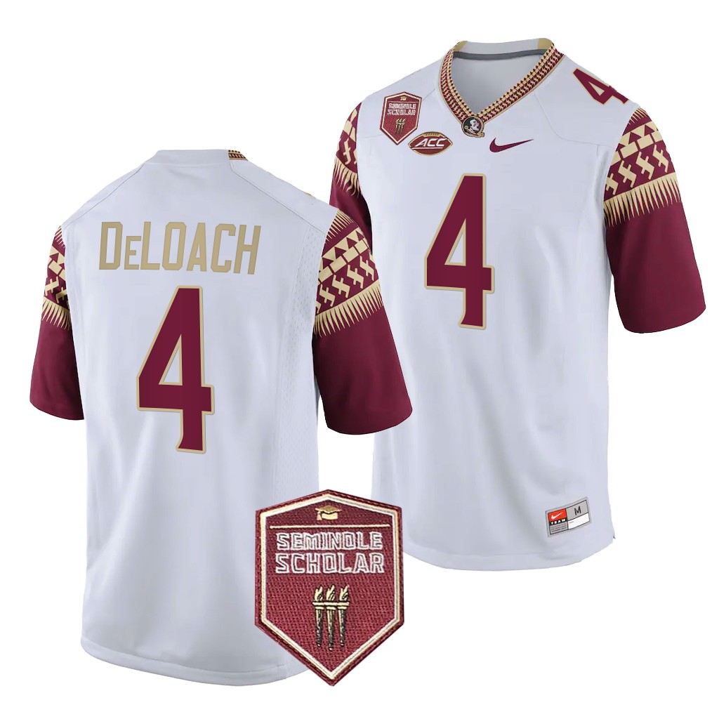 Seminole Scholar patch Kalen DeLoach Florida State Seminoles #4 White Game Jersey S1DJCGXV