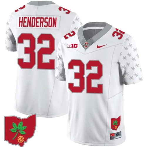 TreVeyon Henderson Jersey #32 Ohio State Buckeyes Football Ohio Map Patch White Special Style 2 I8JBTGXV