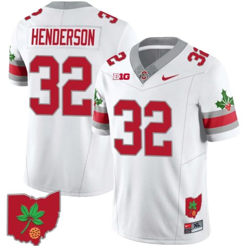 TreVeyon Henderson Jersey #32 Ohio State Buckeyes Football Ohio Map Patch White Style 2 ZC4OJGXV
