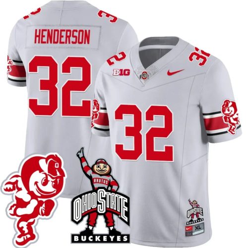 TreVeyon Henderson Jersey #32 Ohio State Buckeyes Football Stitched Brutus Buckeye Patch Gray DDUNSGXV