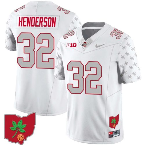 TreVeyon Henderson Jersey #32 Ohio State Buckeyes Football Stitched Ohio Map Patch White DVMFFGXV