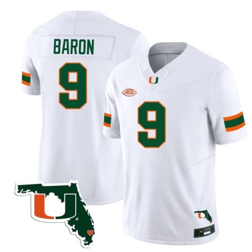 Tyler Baron Jersey #9 Miami Hurricanes Florida Map College Football Stitched White 9IJJSGXV
