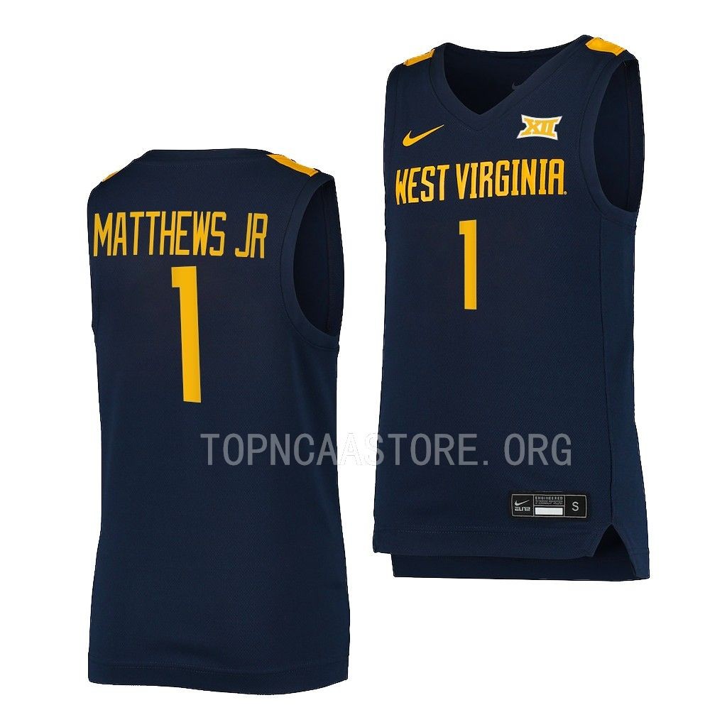 West Virginia Mountaineers Emmitt Matthews Jr. College uniform Navy #1 Jersey 2022-23 IFVACGXV