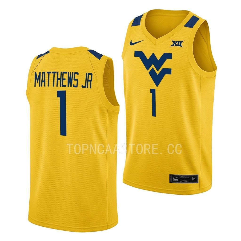 West Virginia Mountaineers Emmitt Matthews Jr. Gold #1 Jersey 2022-23 Alternate TMCU3GXV