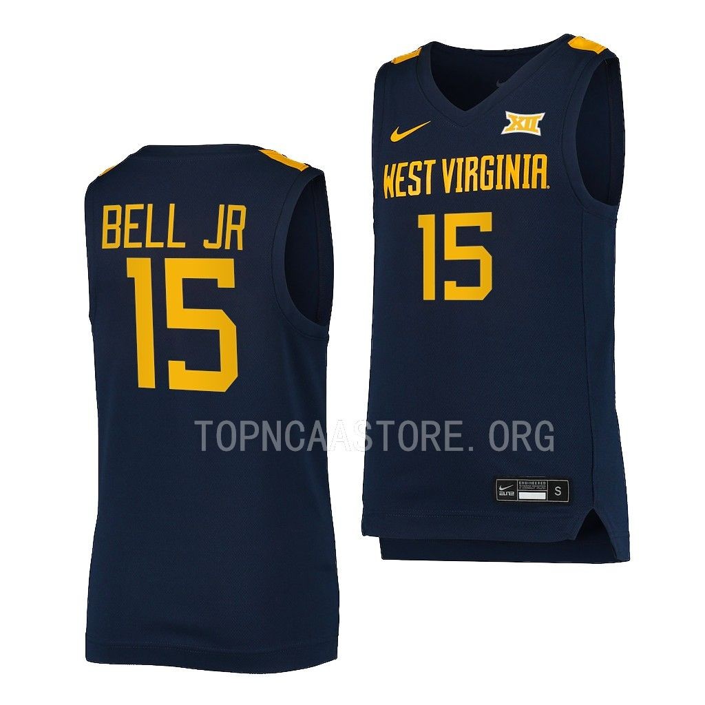 West Virginia Mountaineers Jimmy Bell Jr. College uniform Navy #15 Jersey 2022-23 64JFDGXV
