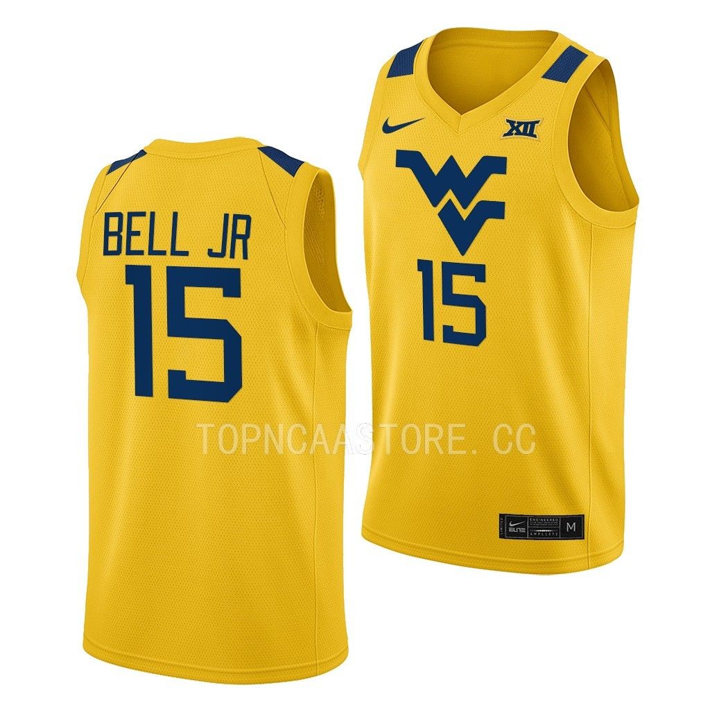 West Virginia Mountaineers Jimmy Bell Jr. Gold #15 Jersey 2022-23 Alternate MWRBHGXV