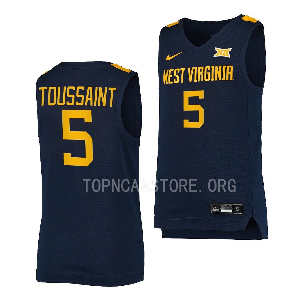 West Virginia Mountaineers Joe Toussaint College uniform Navy #5 Jersey 2022-23 XAMBNGXV