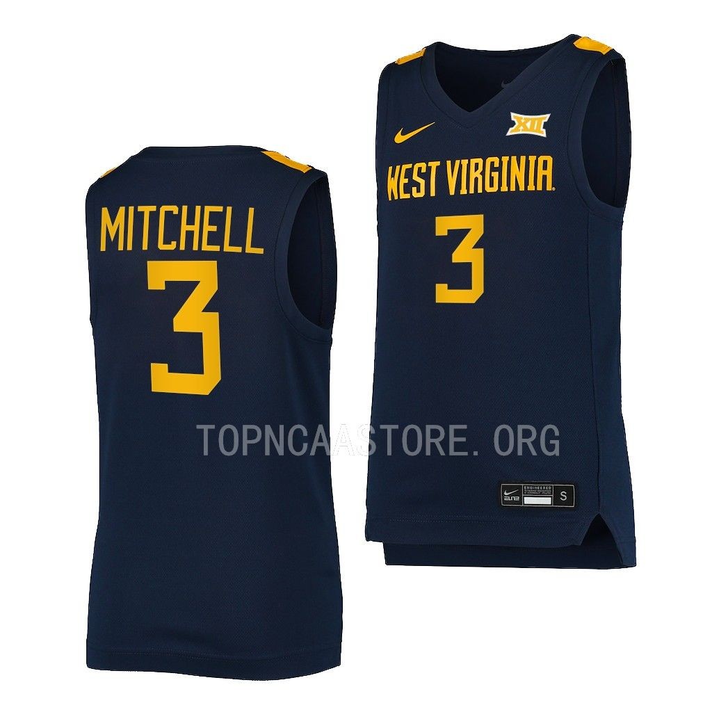 West Virginia Mountaineers Tre Mitchell College uniform Navy #3 Jersey 2022-23 AJB1GGXV