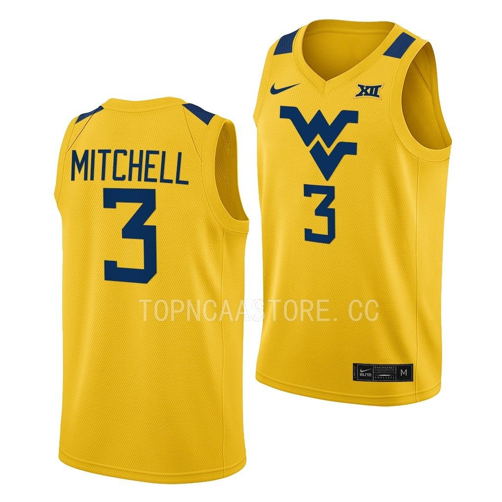 West Virginia Mountaineers Tre Mitchell Gold #3 Jersey 2022-23 Alternate KQEAHGXV