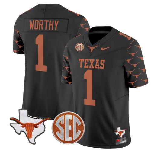 Xavier Worthy Jersey #1 Texas Longhorns State Map and Sec Patch Vapor Football Black Stitched NB7UJGXV