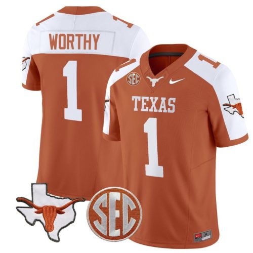 Xavier Worthy Jersey #1 Texas Longhorns State Map and Sec Patch Vapor Football Orange Alternate CSOAEGXV