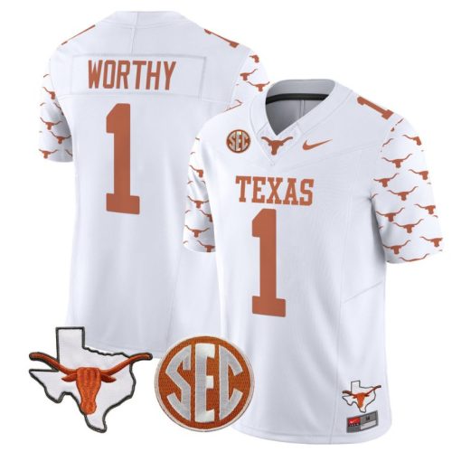 Xavier Worthy Jersey #1 Texas Longhorns State Map and Sec Patch Vapor Football White Stitched KM344GXV