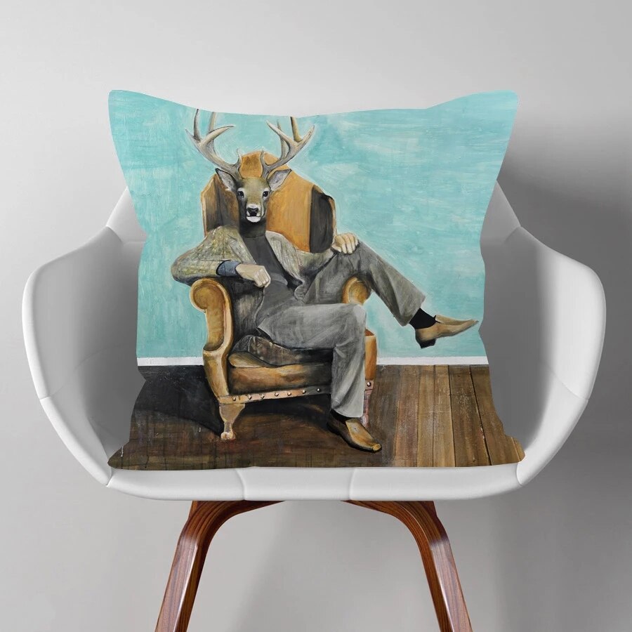 Oil Painting Animals Portraits Cushion Cover, Deer