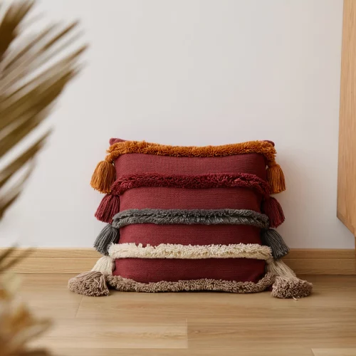 Bohemian Tufted Cushion Cover Colorful Stripe Tassel Red